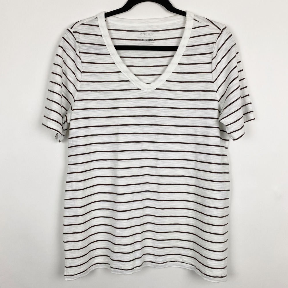 Chicos Ultimate Tee Striped V-Neck Short Sleeve Top Women M Chicos 1 White Brown